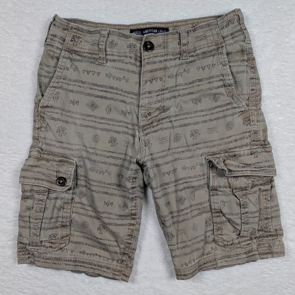 American‎ Eagle Mens 30 Cargo Shorts Tan Tribal Geometric Aztec Active Flex